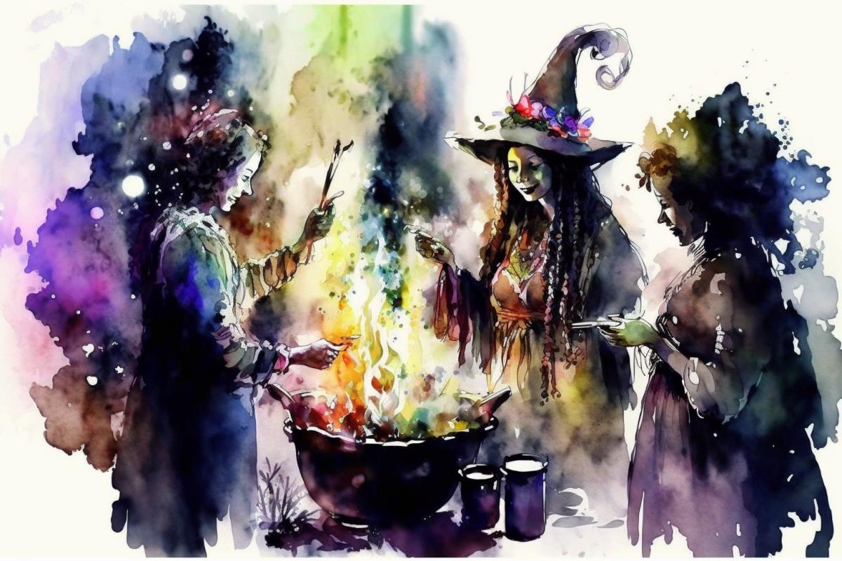 Sorcerers and witches conjure colorful magic, watercolor drawing