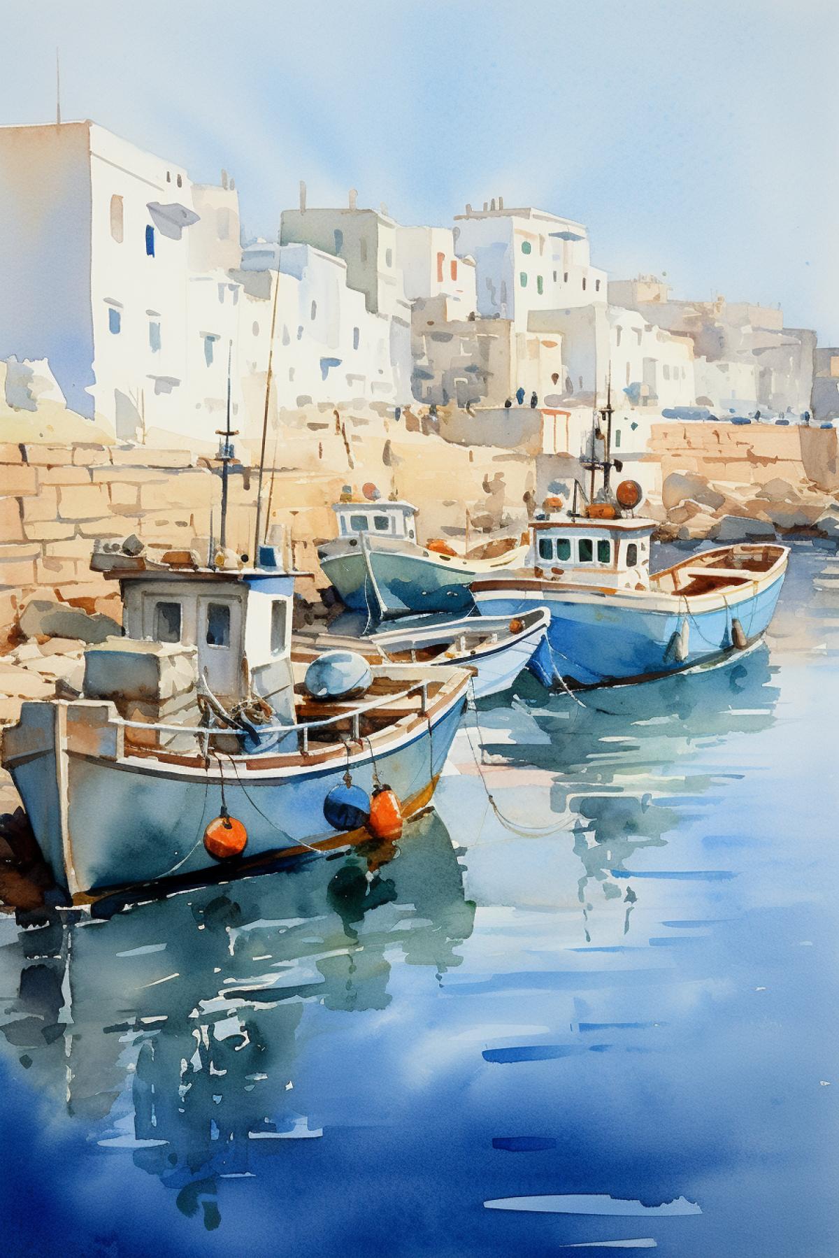 watercolor scene of a picturesque harbor with fishing boats bobbing gently, framed by the iconic blue and white Cycladic houses, in the style of Winslow Homer