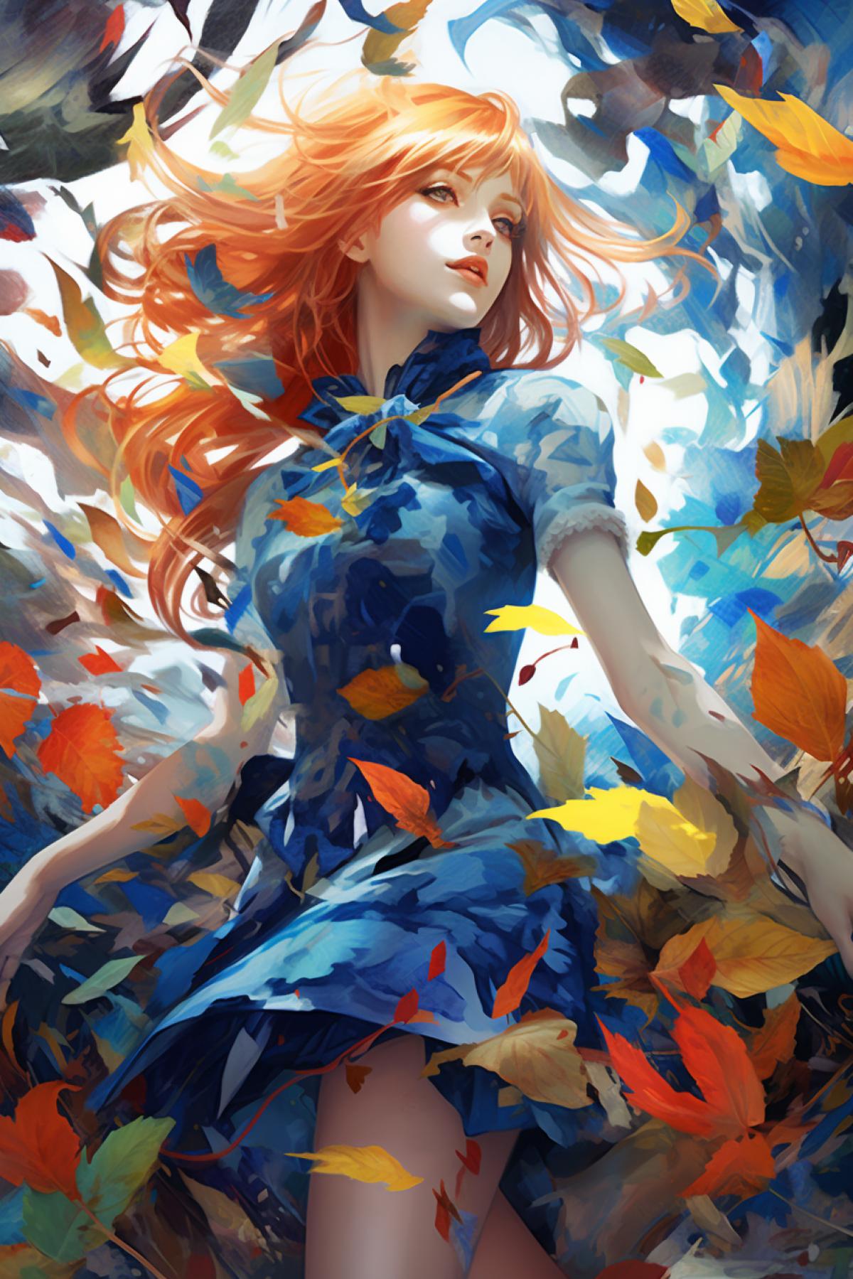 gorgeous woman, , celestial, high detail, realism, Watercolor painting, full body, cinematic shot broken effect, glshard, multi colored leaves,wind, volumetric lighting, upper body, pixiv illustration, james jean, victor nizovtsev