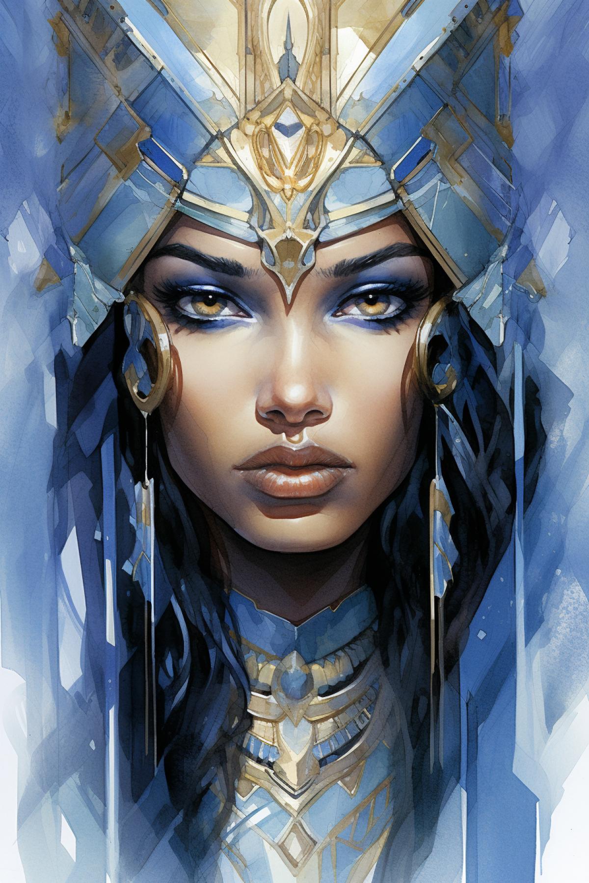 a dream-egyptian female princess warrior character, dark hair with azurite blue colored eyes, stylized illustration, art-nouveau, white gold blue dark, watercolor, hyper detail