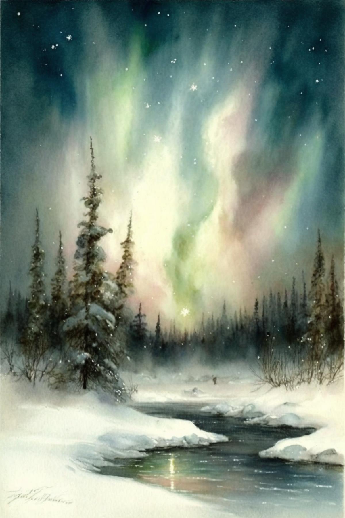 Northern lights in winter in Karelia, watercolor drawing