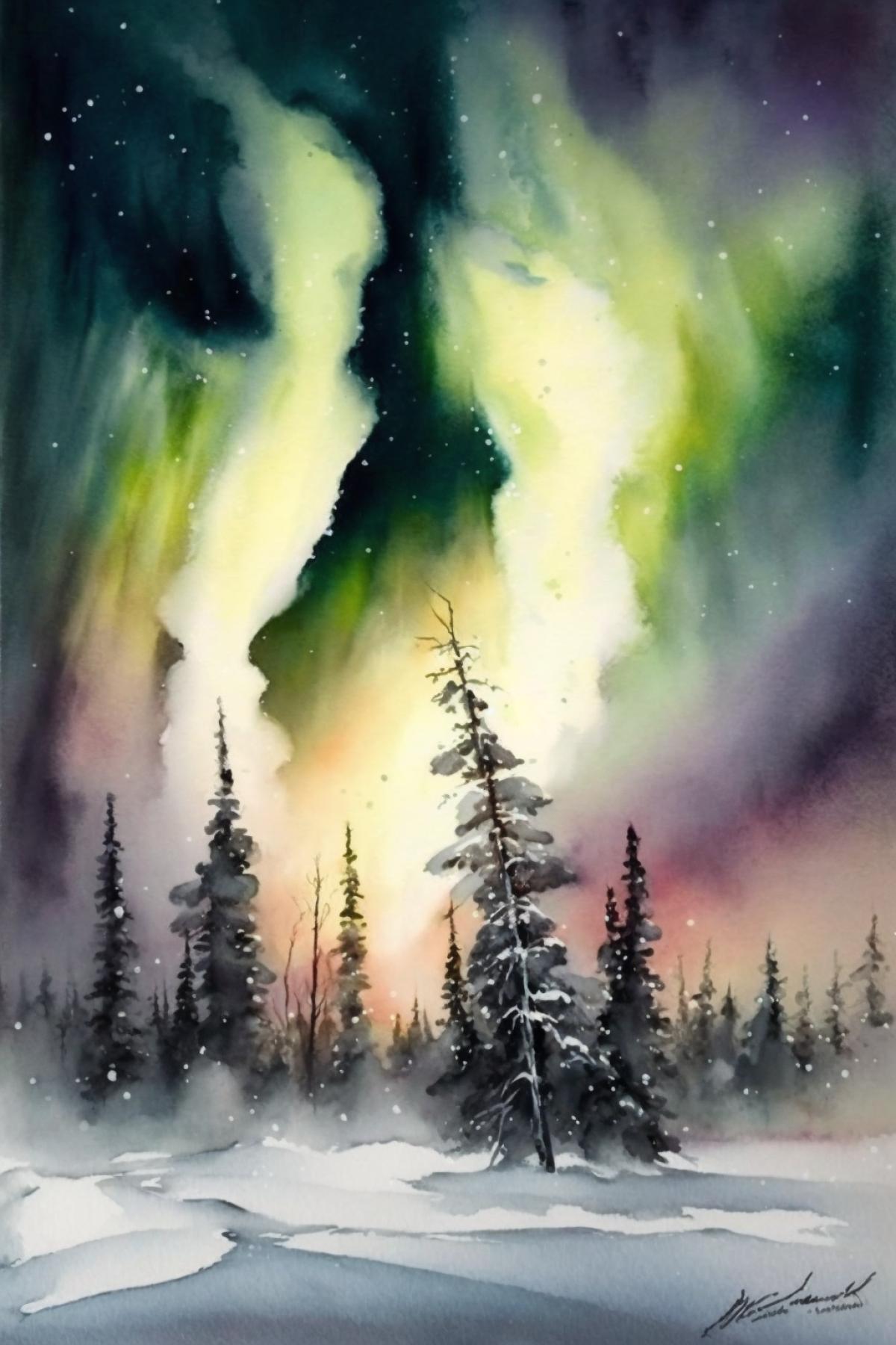 Northern lights in winter in Karelia, watercolor drawing