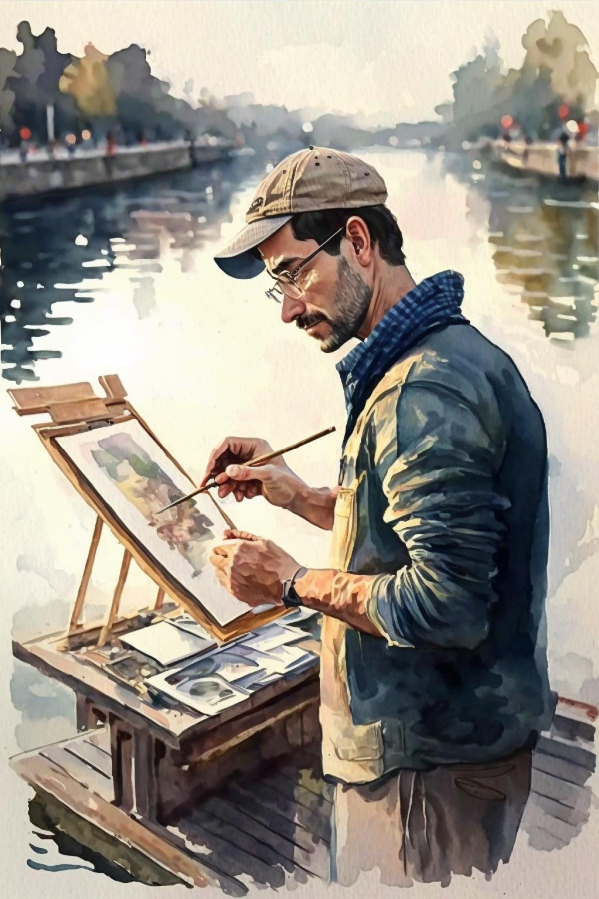 An artist paints a picture on which an artist paints a picture on which an artist paints a picture on which an artist paints a picture. Recursion. Watercolor style.