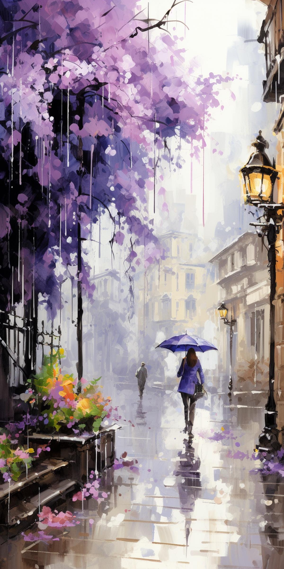 realistic watercolor, the images of rain and purple flowers, in the style of uhd image, dmitry spiros, linear delicacy, cottagepunk, utilizes, luminous quality, hd Intricate details ar 9:20