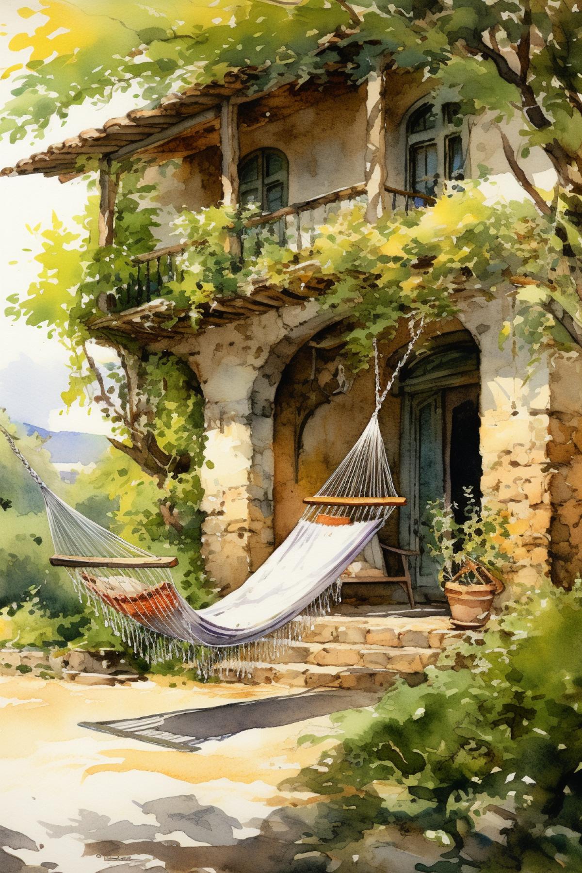 A stone house with several hammocks and cypress trees, in the style of childlike innocence and charm, rusticcore, captivating chiaroscuro, precision and detail oriented, poetic constructions, pastoral charm, impressionist sensibilities, watercolor