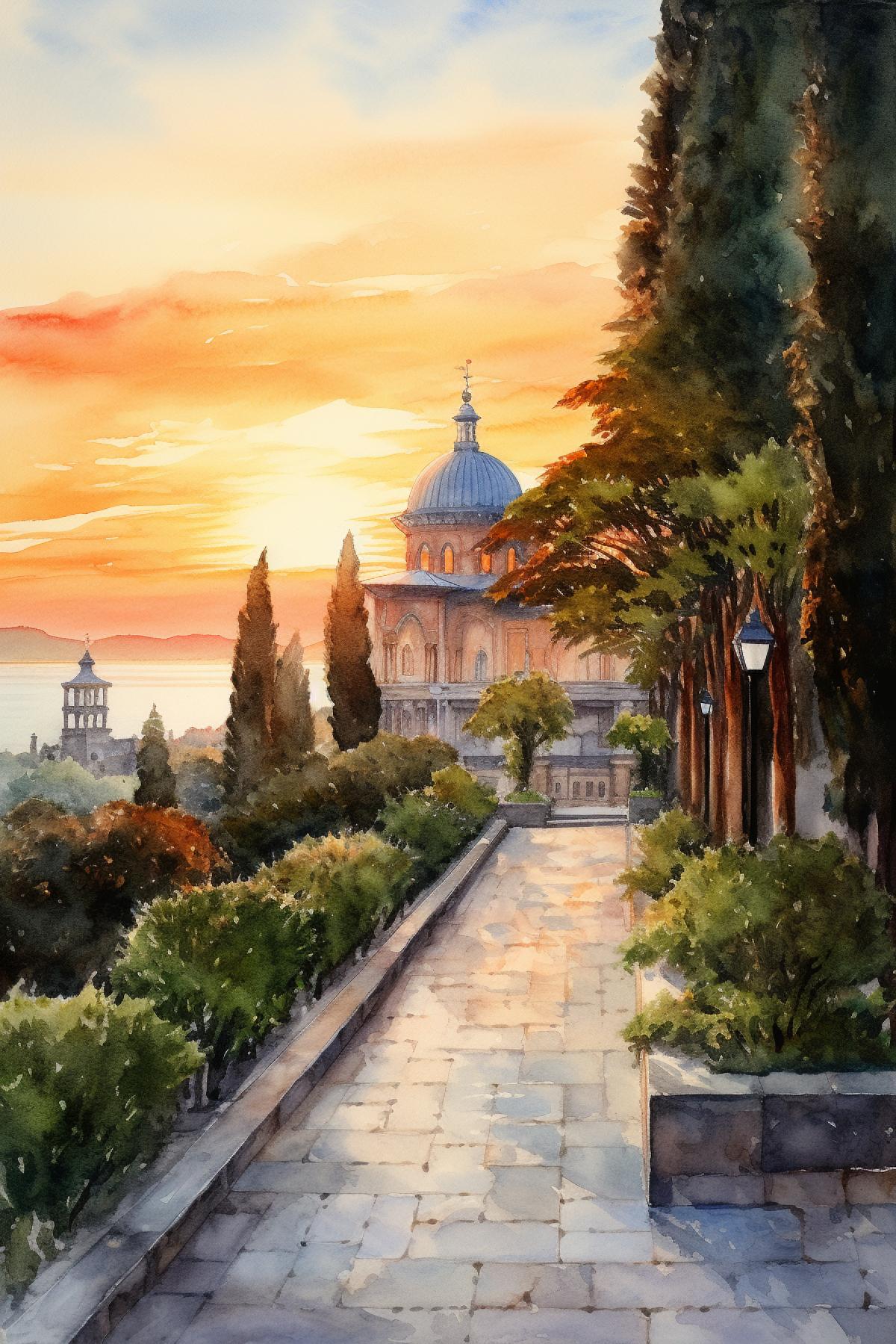 topkapi palace, istanbul, sunset, watercolor painted ar 2:3