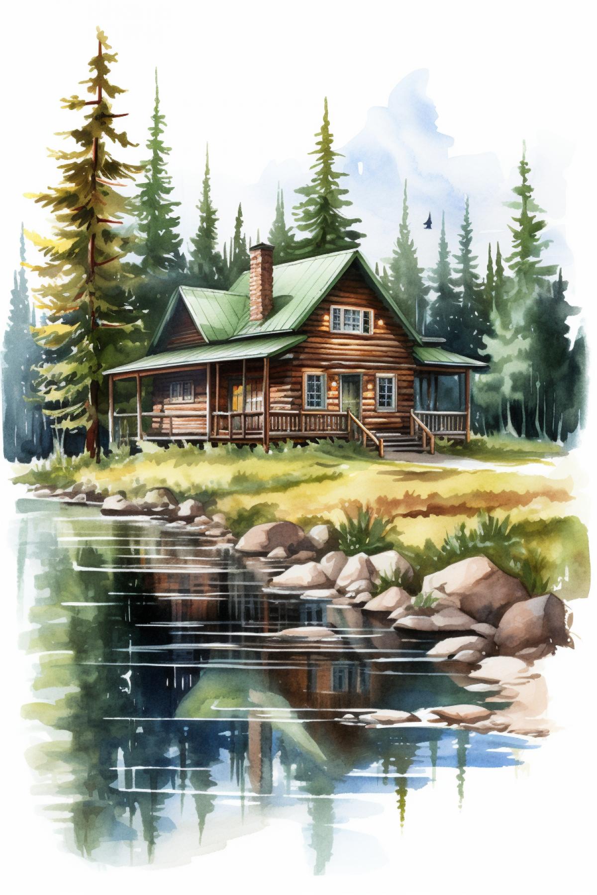 Beautiful Lakeside Cabin in the Woods, isolated on white background, watercolor, high detail, HDR, self shadow, unique, intricate detail, hand painted