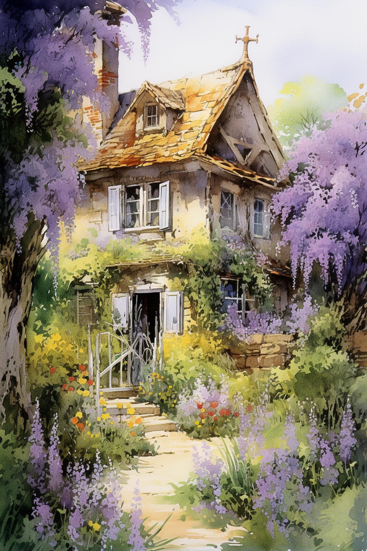 Watercolor mixed media masterpiece beautiful white cozy small house with violet door, richly decorated with lupine, pots with flowers, overgrown with moss, the garden at the back of the house, provence, golden accents, shabby shic style, by Rodney Matthews style and by Daniel Ridgway Knight style and by Nicholas Hely Hutchinson style, Baroque style, PNG clipart, extreme photorealistic details, 32k HD resolution, realistic high detailization high resolution