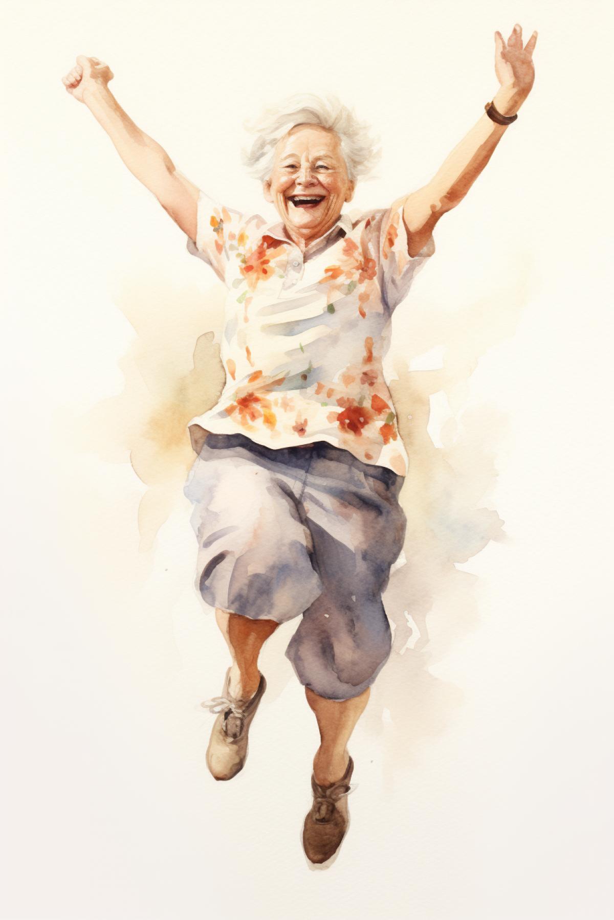 watercolor illustration, A very old woman, dancing, happy, laughing and jumping on a smooth white background