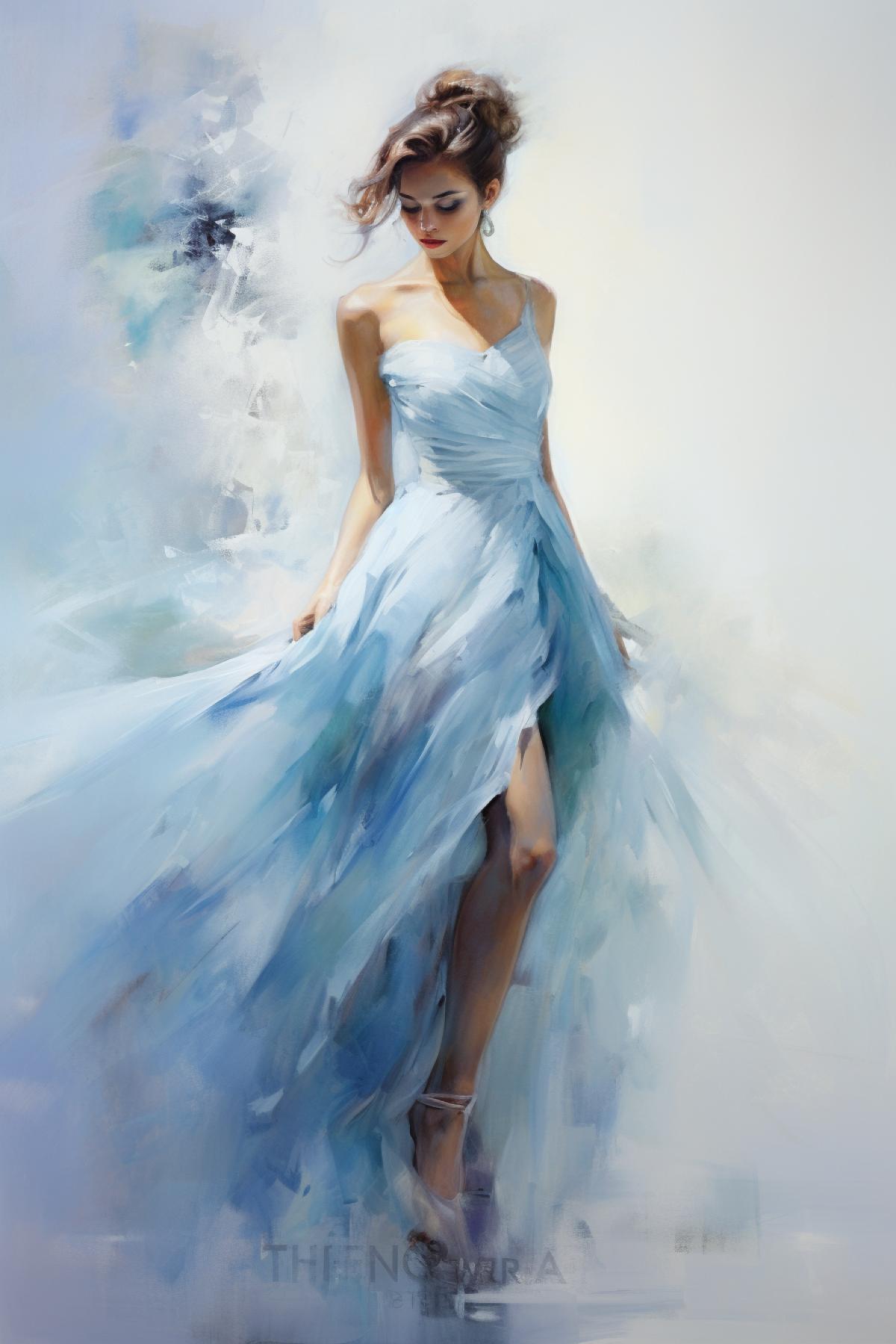 Impasto watercolor and alcohol painting , graceful beautiful gorgeous woman slender ballerina, Pino Daeni, chiaroscuro, 3d arctic blue diaphanous smoke and glacial blue swirling diaphanous fog, romantic impressionism, high saturation, white background,