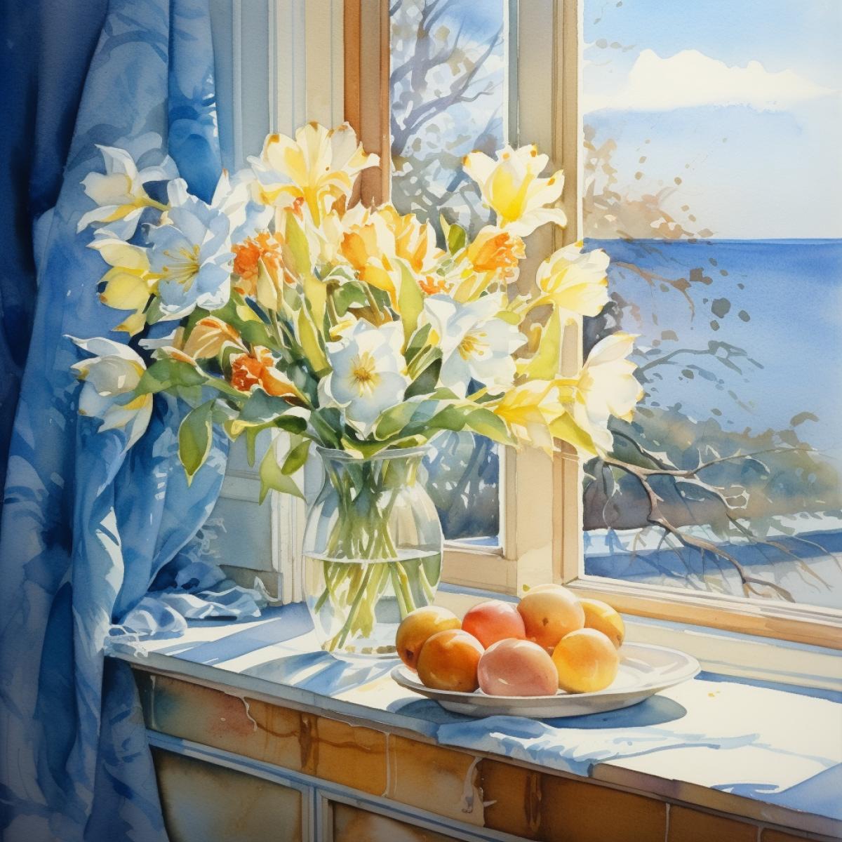 A watercolor painting, still life, flowers in a glvase, animal figyellow waters, next to opened window, blue sky, ultra details