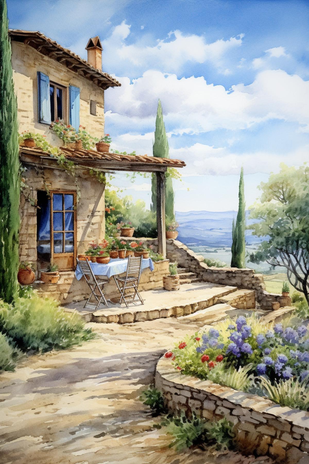 A stone house with several hammocks and cypress trees, in the style of childlike innocence and charm, rusticcore, captivating chiaroscuro, precision and detail oriented, poetic constructions, pastoral charm, impressionist sensibilities, watercolor