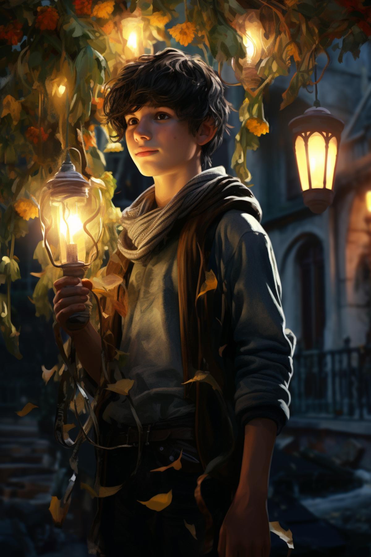 photorealistic France boy, Jet-dark hair, Esoteric, Hanging lights, Dragon, herbalism, Streetlights, Naturecore, Cottagegore, Flowers, Watercolor, Fingerless gloves, 8k, photorealistic, detailed, max perfectionism
