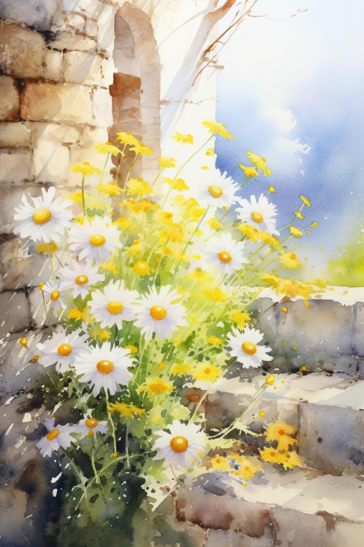 Daisy, stone wall, The sun is shining, Tyndall effect, Watercolor effect,, a beautiful painting by Zhang Daqian
