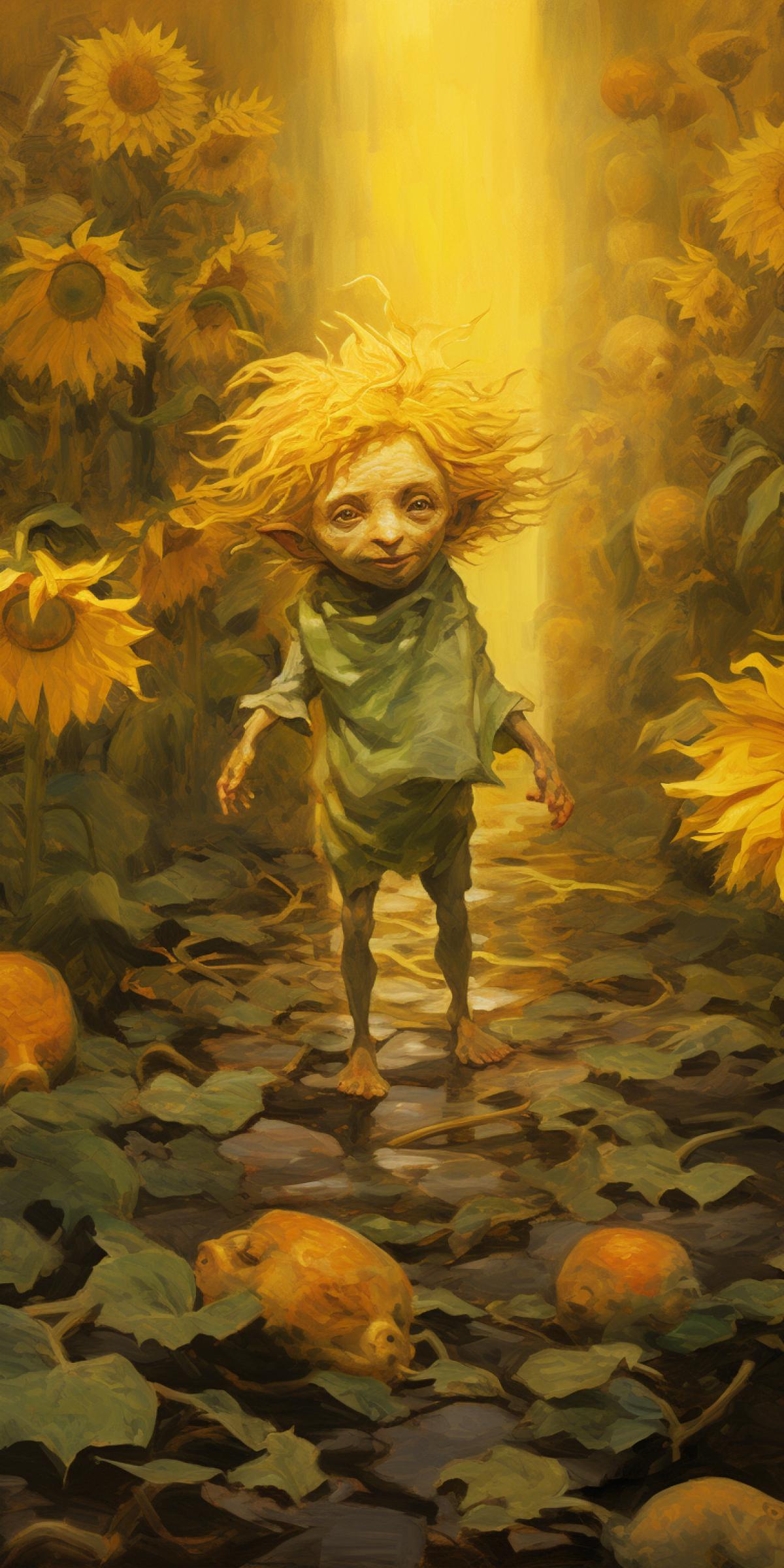 A day in the field of Sunflowers with goblins and puddles Muted Neon Watercolor and Impressionistic Oil Illustration By Jeffrey T. Larson and Brian Froud