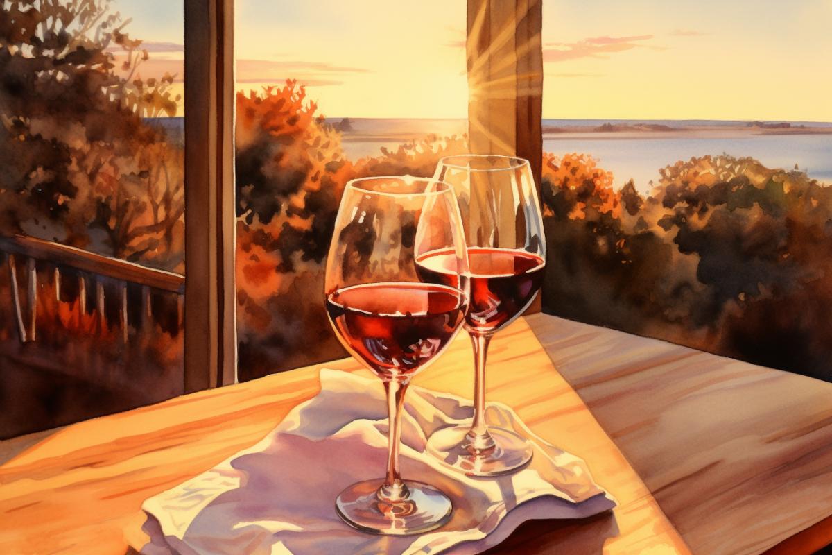 California glof wine, sunset, realistic watercolor