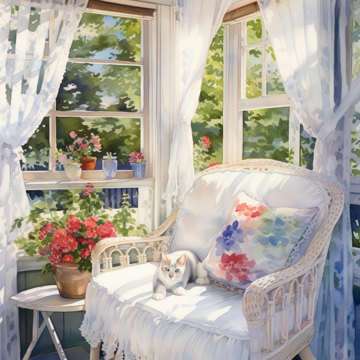 she shed, white window with white lace curtains, in the style of patriotic feminine upholstery, outdoor scenes, dark cat, hummingbird, watercolor, carson grubaugh, familiar domestic scenes ar 4:3