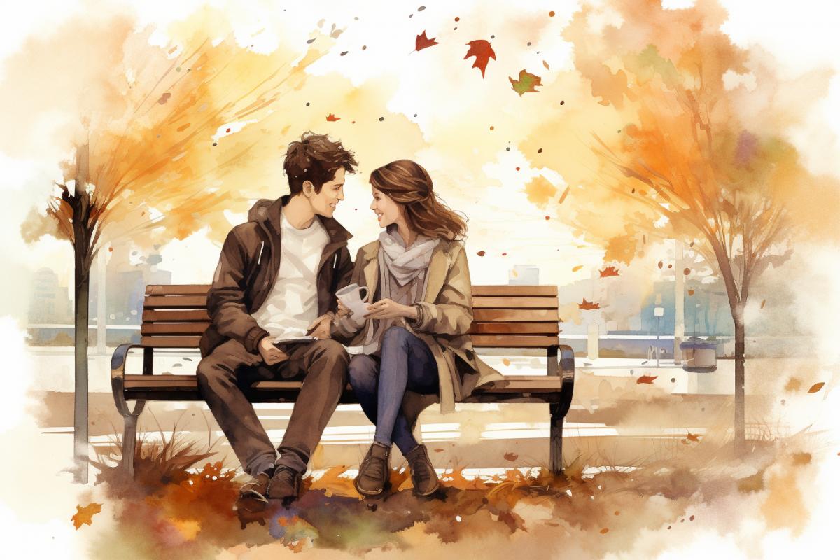 Create a photorealistic watercolor image of a young couple sitting on a park bench, listening to a boom-box and sharing a bowl of soup. The scene should be romantic and nostalgic, with autumn leaves falling around them and a gentle breeze blowing