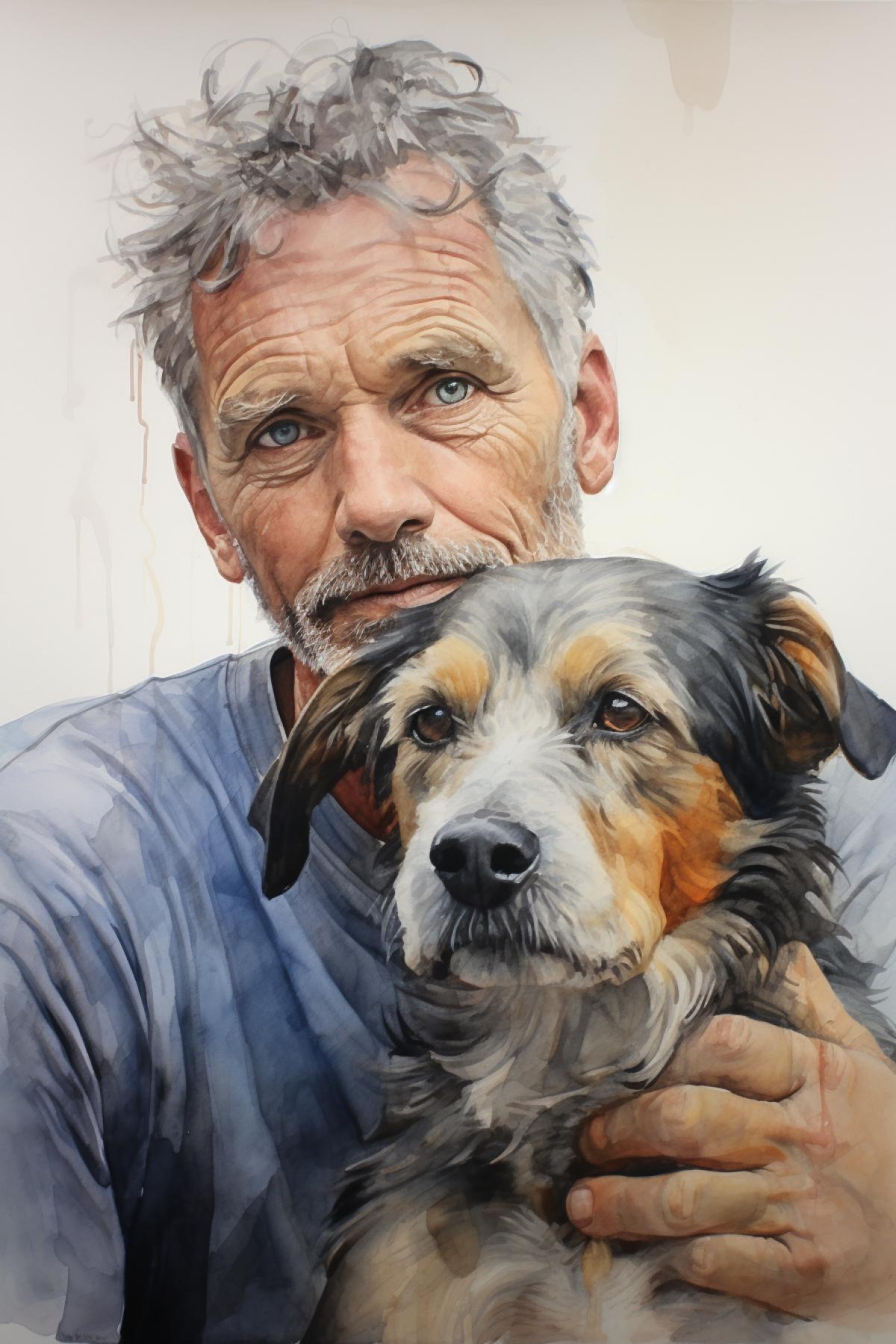 A watercolor painting of a man with a dog behind him, in the style of bold brush strokes, photorealistic yet with meticulous details and contrasting values