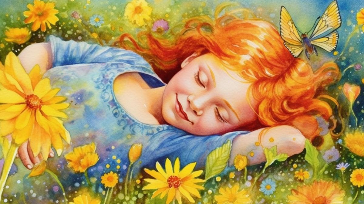 Little red-haired girl with wavy hair happy lies on the lawn in flowers with a cute kitten, warm lighting, bright colors, watercolor drawing