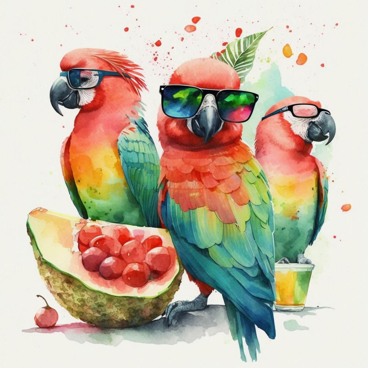 Red parrot with sunglasses eating watermelon with other parrots. Watercolor style, watercolor art, realism, bright colors, positive, summer vibe.