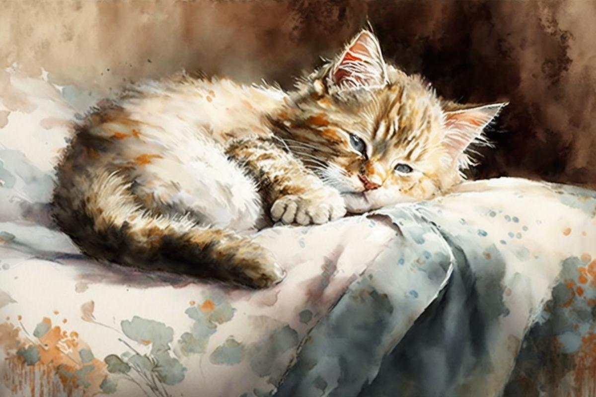 detailed watercolor art of sleeping kitten on the bed