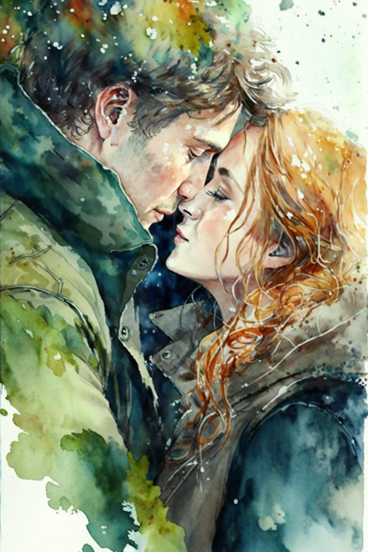 gentle kiss of two lovers, watercolor