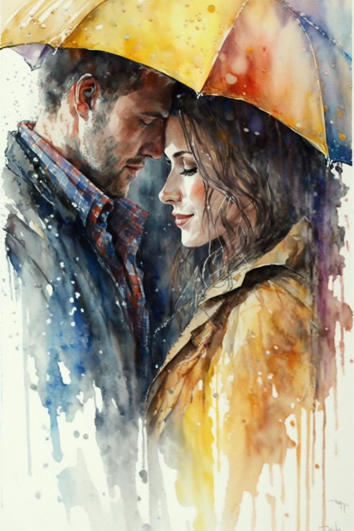 gentle kiss in the rain, watercolor