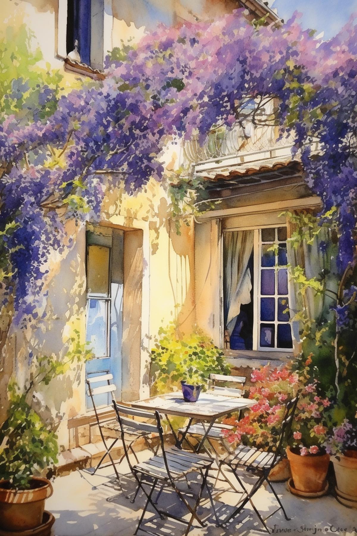 Blooming garden in the backyard of a house in Italy,watercolor,