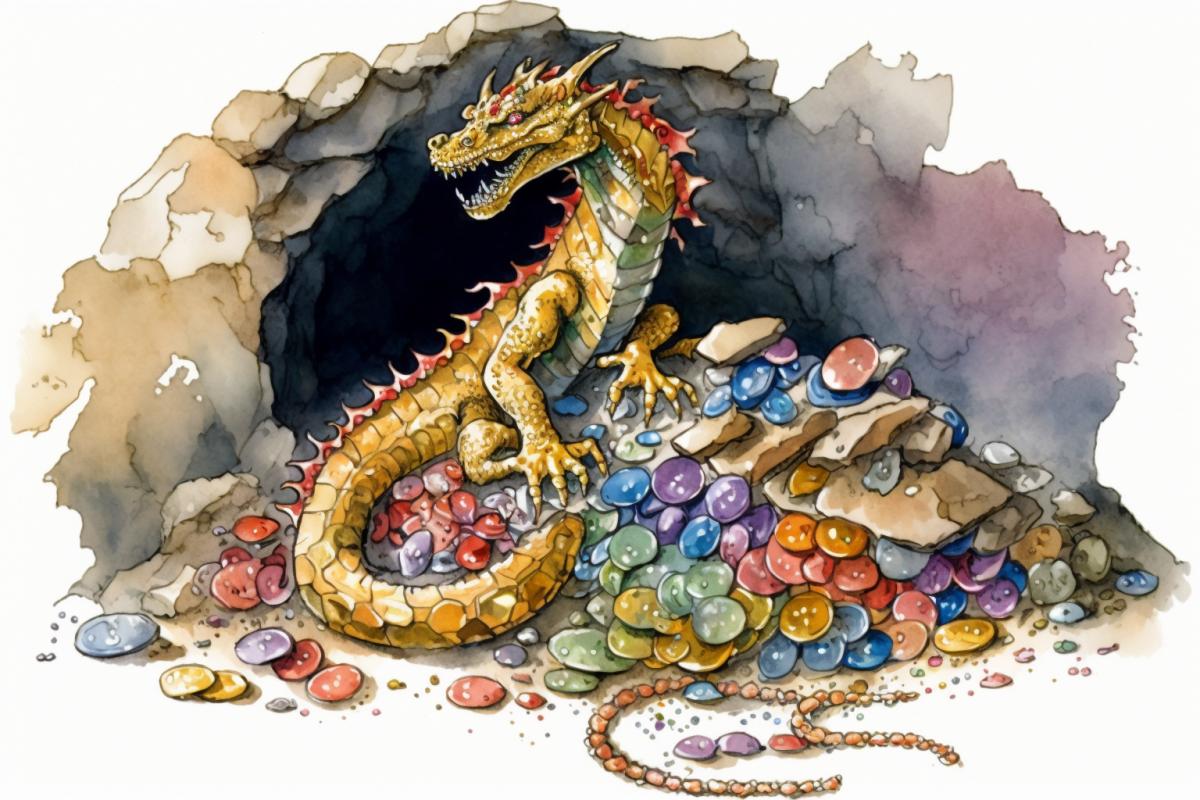Dragon on a pile of jewels in a cave, guards gold, watercolor drawing