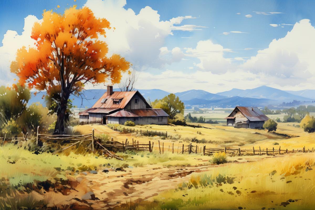 a painting of a farm scene on a sunny day, by Franz Hegi, Artstation contest winner, soft autumn sunlight, 8k resolution, watercolor, western painting