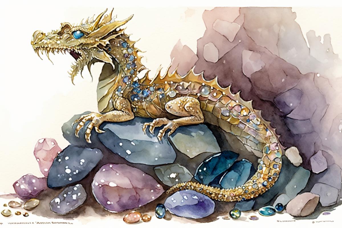 Dragon on a pile of jewels in a cave, guards gold, watercolor drawing