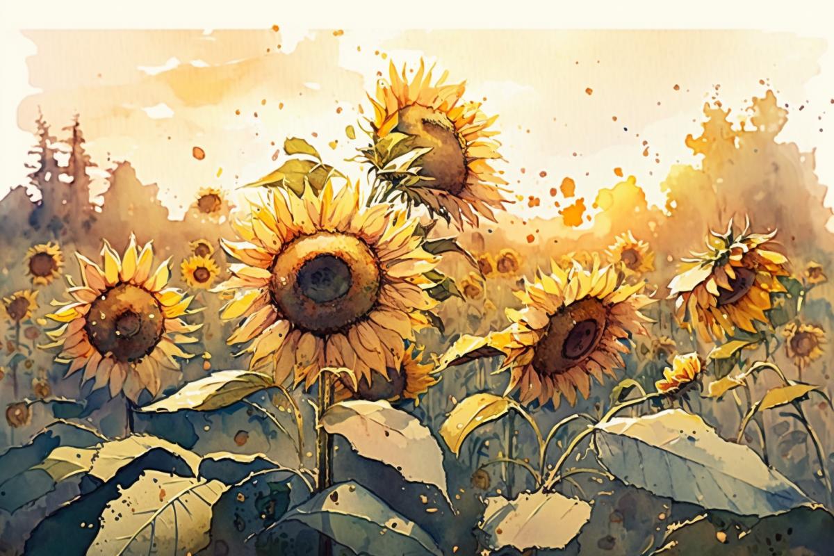 Sunflower field, beautiful sunlight, watercolor drawing