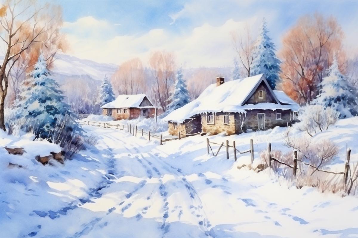 In winter in the village with my grandmother in Russia, Altai, sunny day, sun glare, shadows in the snow, snow-covered road along the houses, watercolor