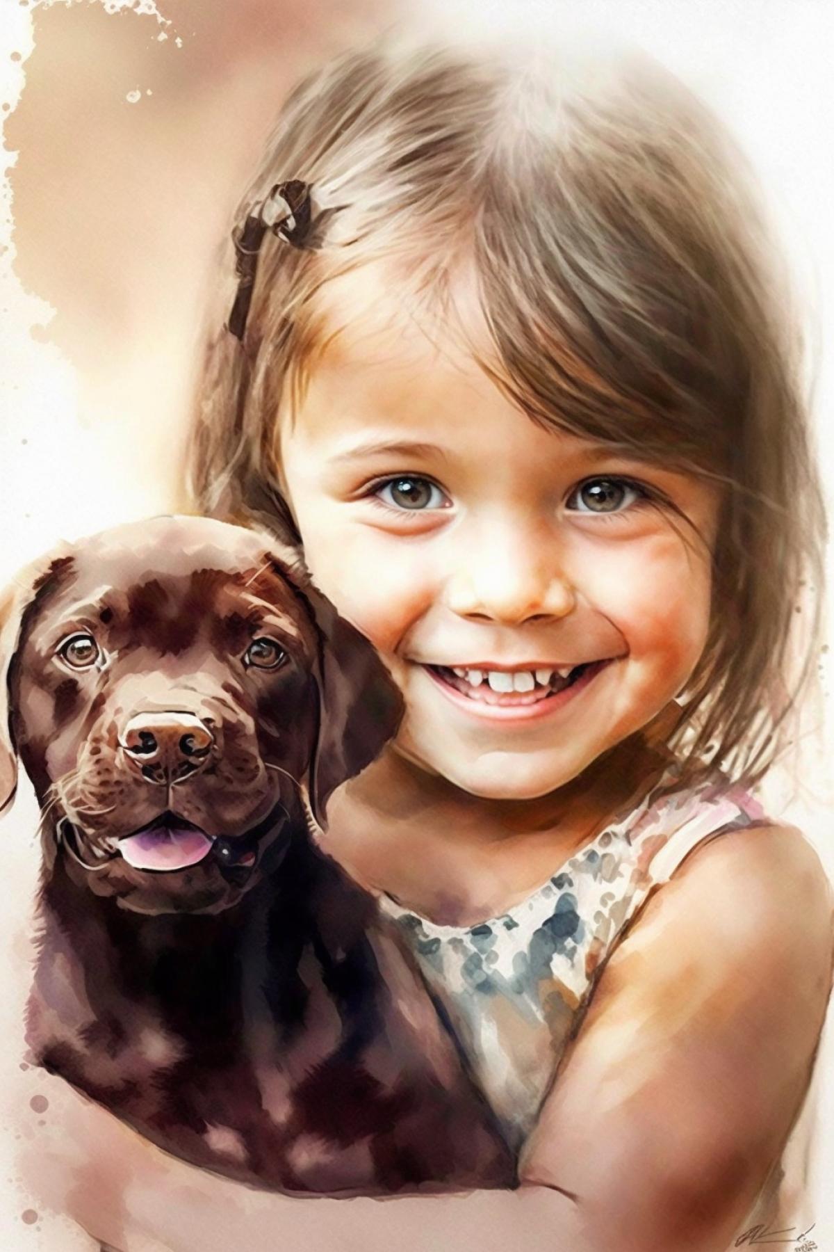 a little girl was presented with a cute puppy, watercolor