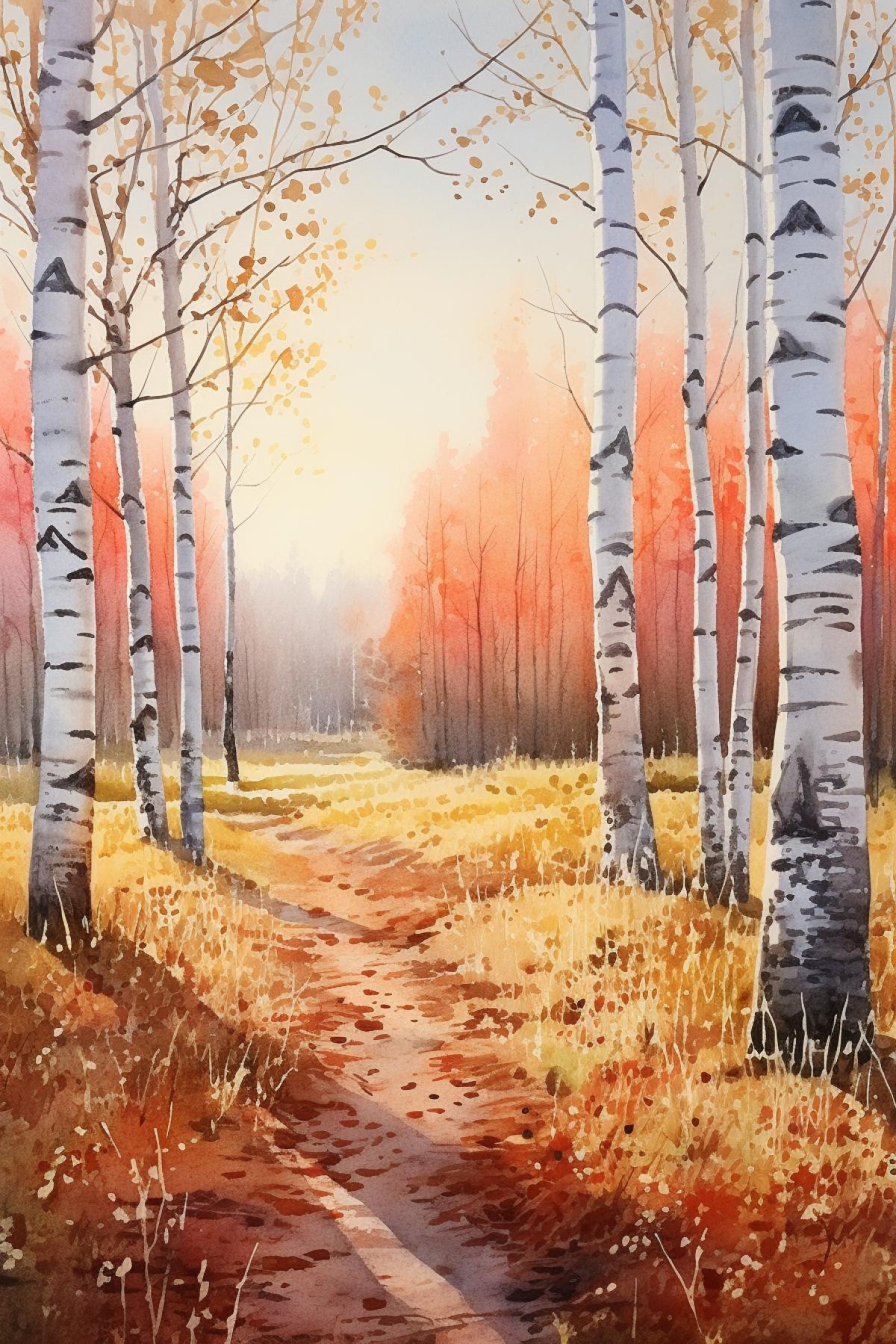 morning in a birch grove, watercolor, ar 2:3 v 5.2