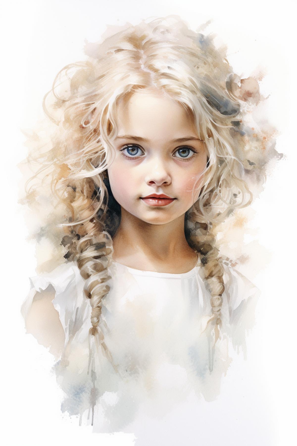 cute little princess with blond hair in a white dress, hyper-realistic, insanely detailed, Maggi Hambling style, watercolor, ar 3:4 s 750