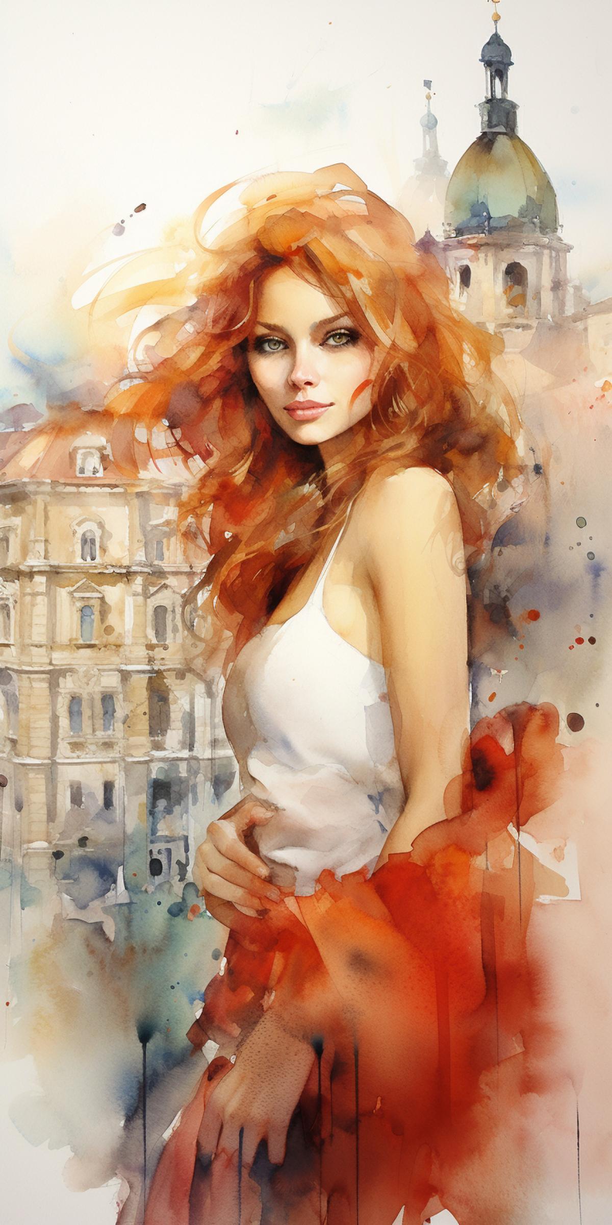 art, watercolor, beautiful girl, cityscape