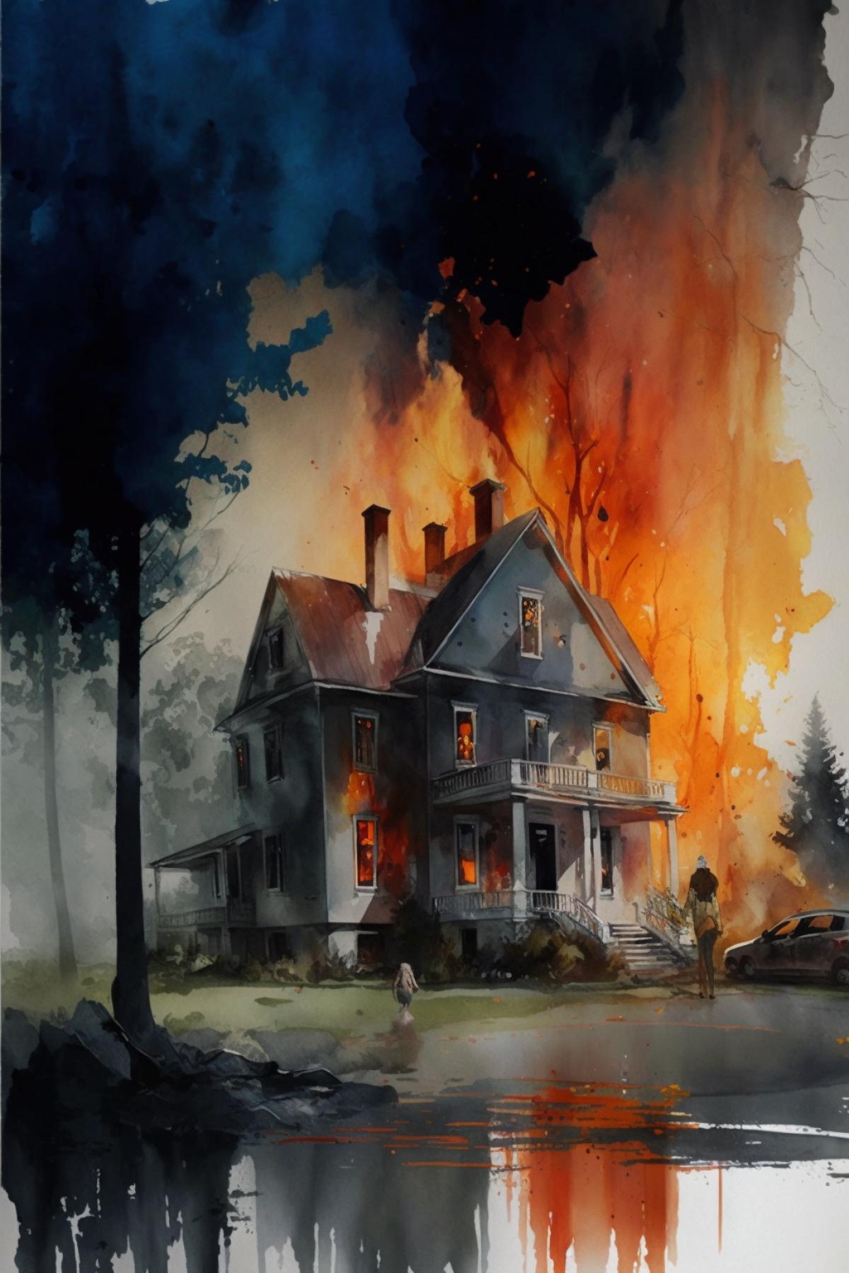 Large fire, house on fire, watercolor drawing
