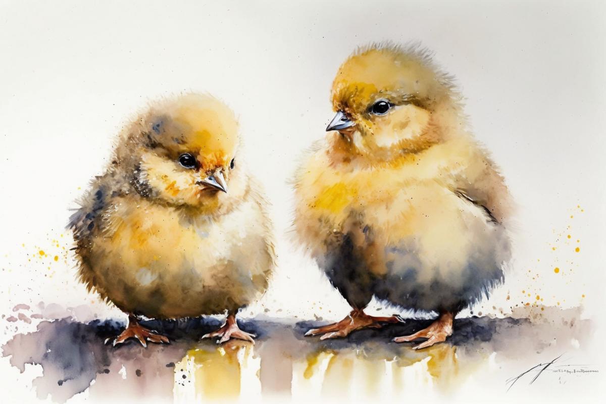cute yellow chickens, watercolor