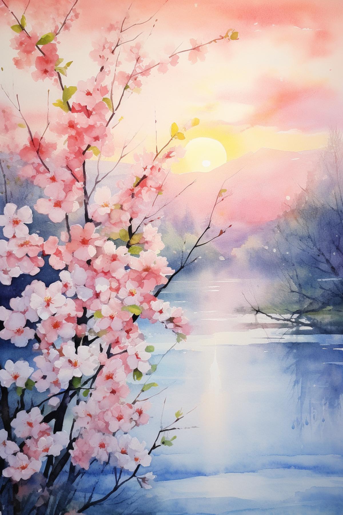 awakening of the day In the morning sunlight The dawn is blooming, watercolor, ar 2:3 v 5.1
