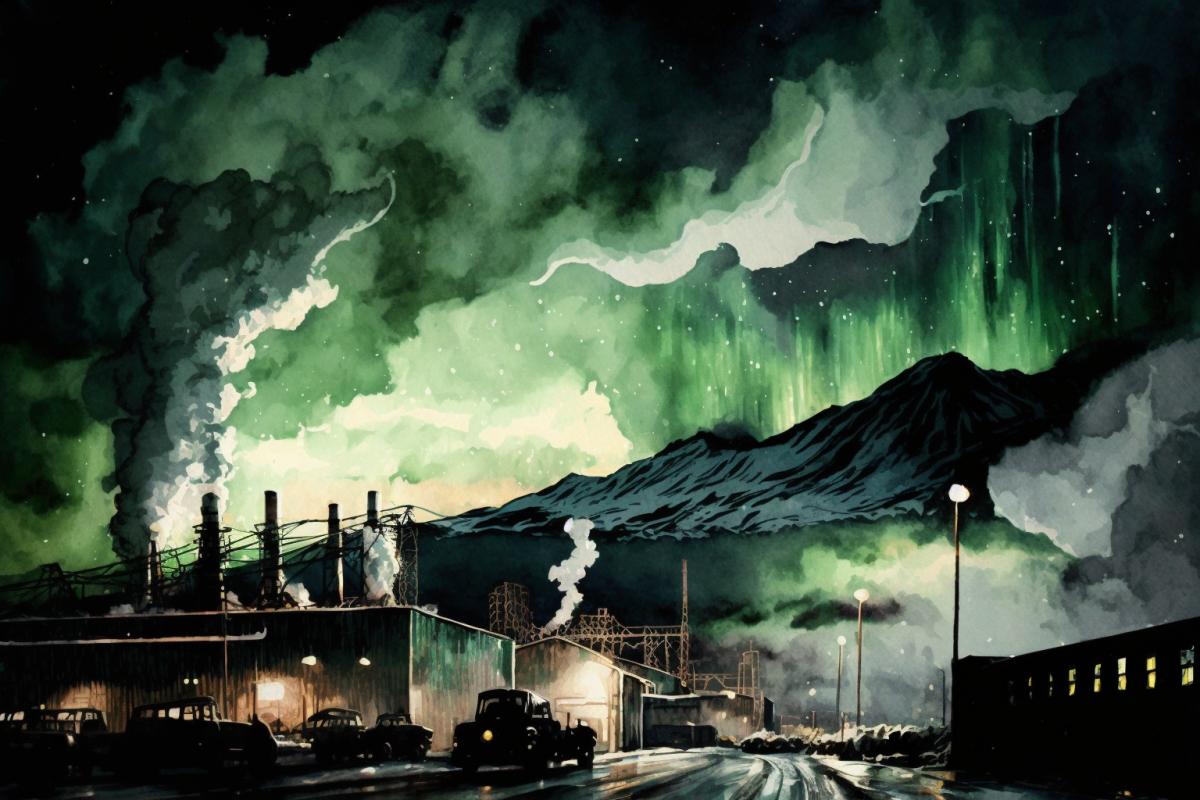 Industrial city, northern lights, watercolor drawing