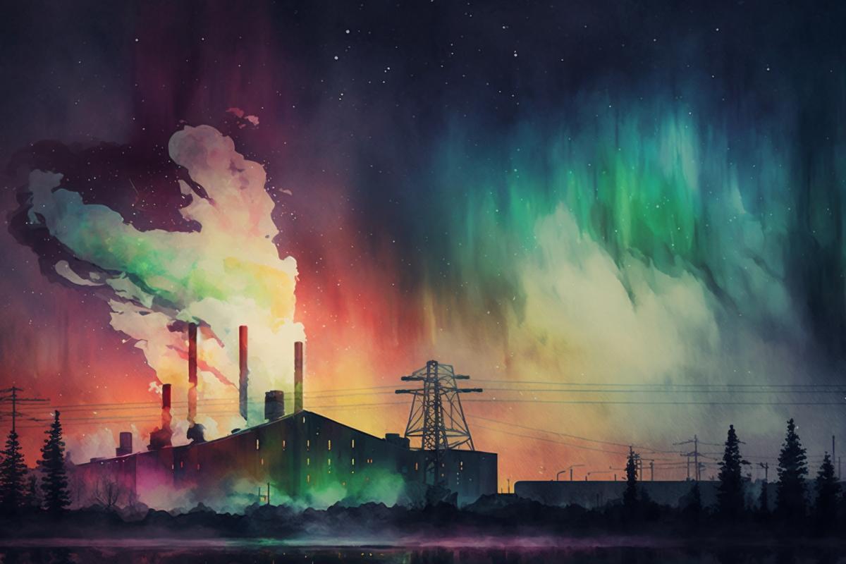 Industrial city, northern lights, watercolor drawing