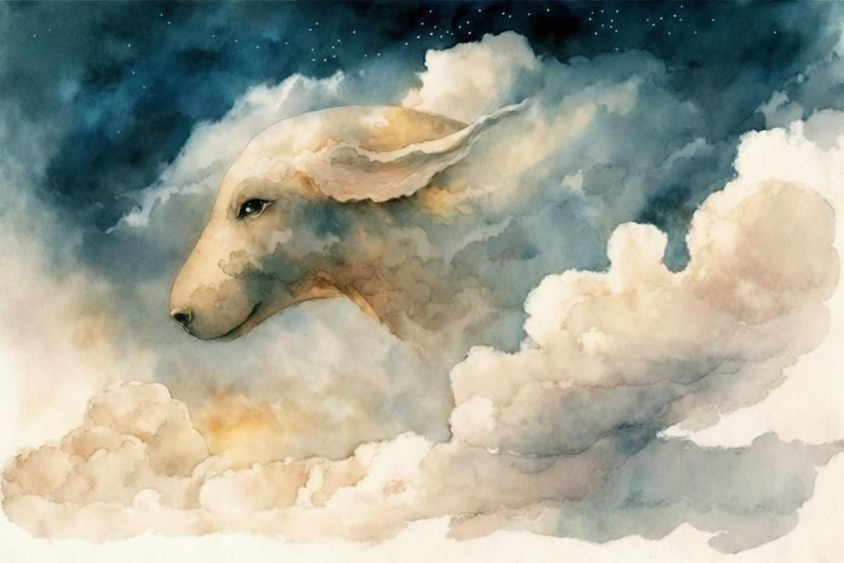 Animal-shaped clouds in the sky, watercolor drawing