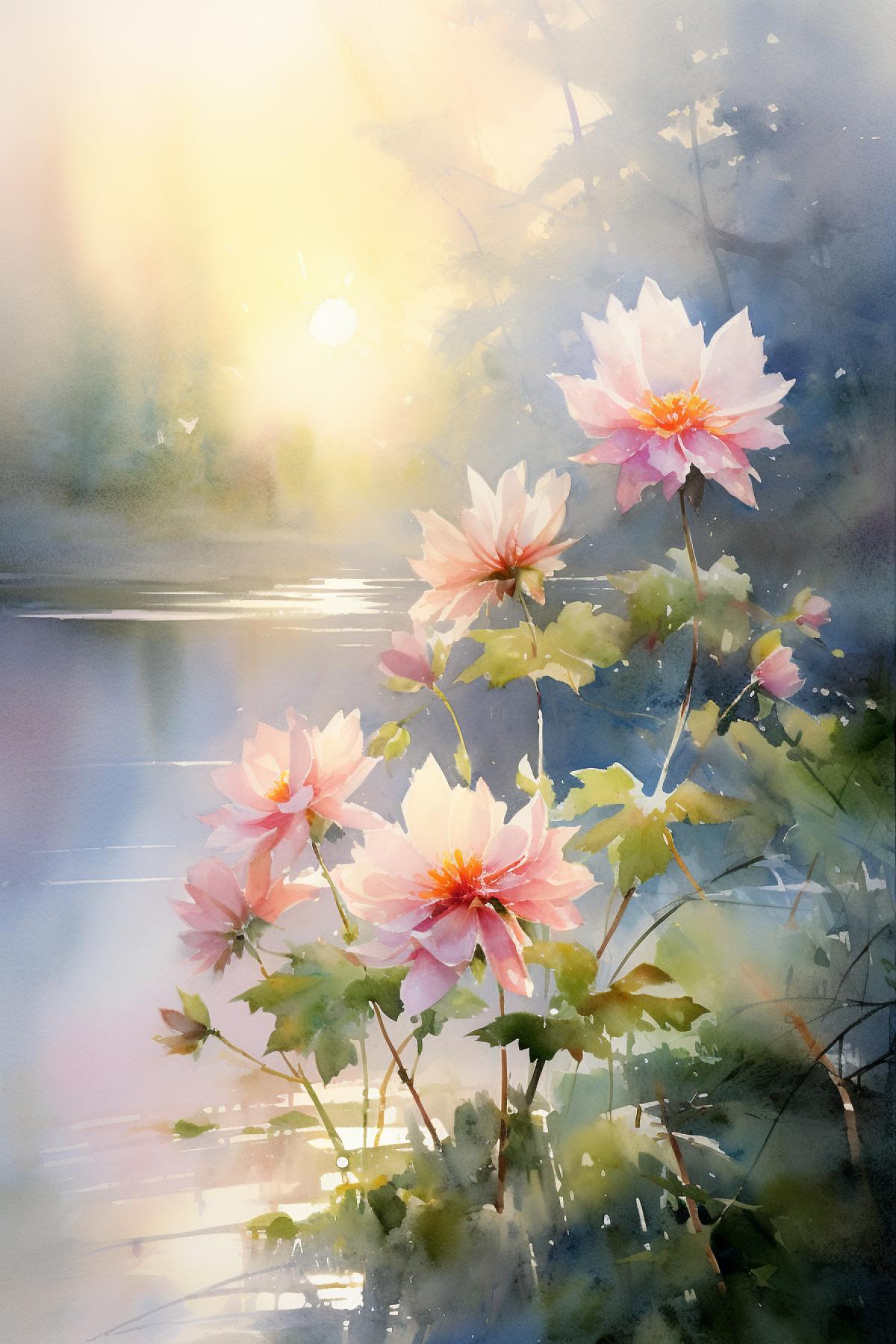awakening of the day In the morning sunlight The dawn is blooming, watercolor, ar 2:3 v 5.1