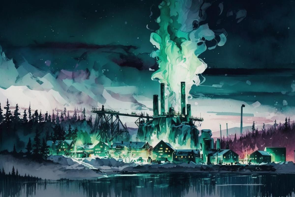 Industrial city, northern lights, watercolor drawing