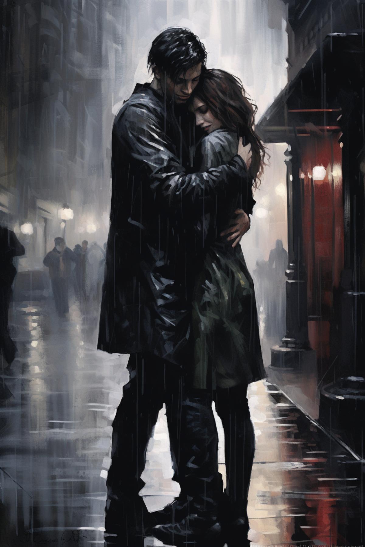 dark and white pictures of lovers hugging on rainy street, in the style of eve ventrue, ken howard, bill henson, dark, foreboding colors, gothcore, watercolor, I cant believe how luxurious this is, hd q 2 ar 2:3