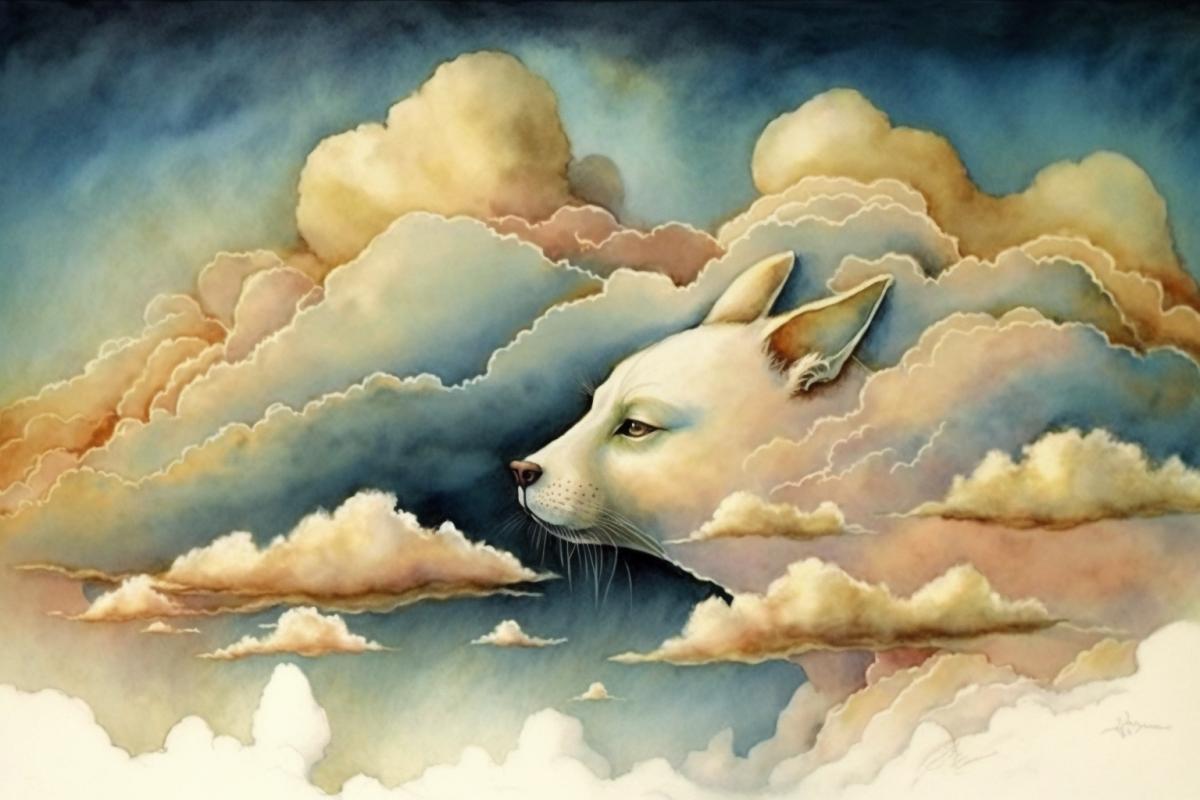 Animal-shaped clouds in the sky, watercolor drawing
