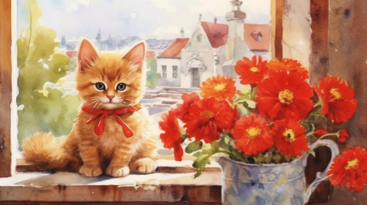 A bright red kitten climbed onto the table by the window and eats red caviar, a sunny day outside the window, bright colors, a bouquet of flowers, a watercolor drawing