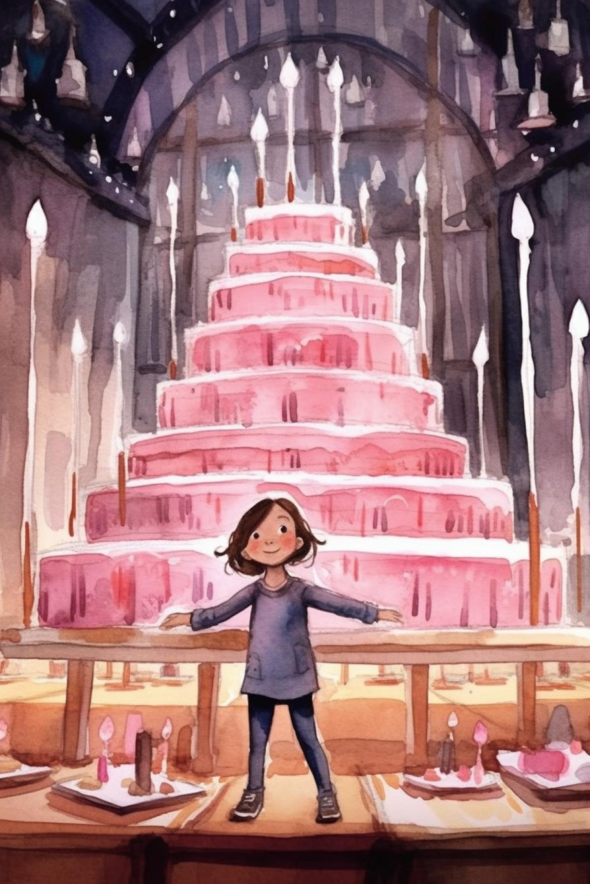 Little girls birthday, big pink cake with candles! The girl is happy! Watercolor drawing.